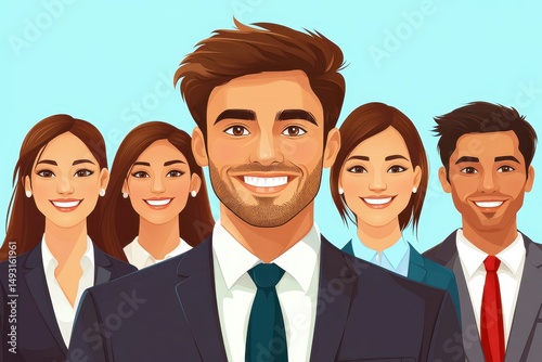 Professional Team Portrait with Diverse Business People Smiling against a Light Blue Background Showcasing Team Spirit and Cooperation
