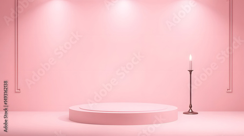 Candle on a Pink Podium in a Minimalist Space