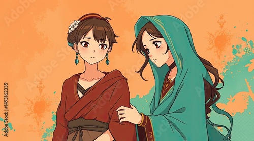 Two young women in traditional clothing share a moment of empathy and support