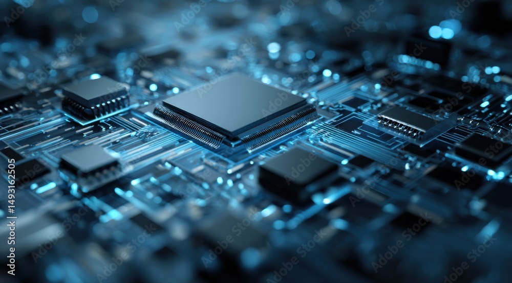 Macro View of a Blue Lit Computer Chip, Representing Technological Advancement and Digital Transformation in the Modern Era : Generative AI Macro View of a Blue Lit Computer Chip, Representing Technological Advancement and Digital Transformation in the Modern Era : Generative AI