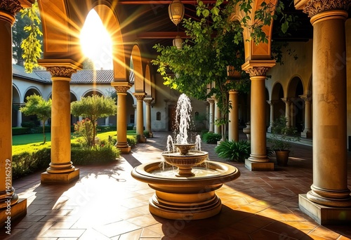 Sunlit pathway, fountain, tiled pillars, Santa Chiara cloister garden, Naples,  beauty,  garden