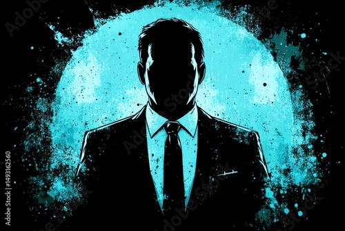 Mysterious Silhouette of a Businessman Against an Abstract Blue Background Symbolizing Confidence, Power, and Professionalism in the Corporate World