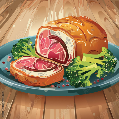 Perfectly cooked Beef Wellington sliced open, showing juicy medium-rare beef wrapped in golden puff pastry with mushroom duxelles, served on elegant plating with warm, natural lighting.