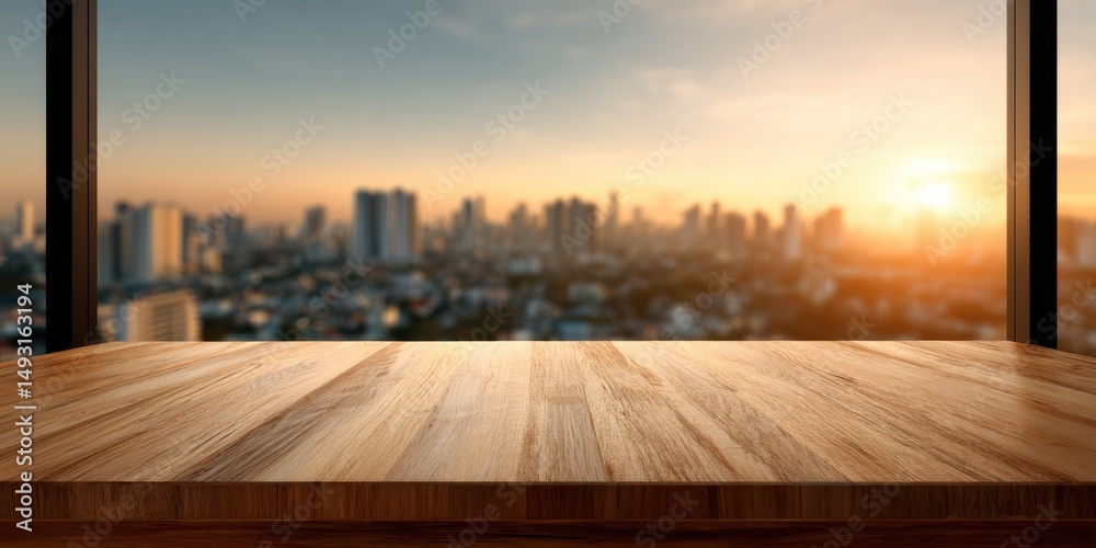 Wooden Tabletop Overlooking City Skyline at Sunset, Ideal for Product Mockups and Real Estate Marketing : Generative AI Wooden Tabletop Overlooking City Skyline at Sunset, Ideal for Product Mockups and Real Estate Marketing : Generative AI