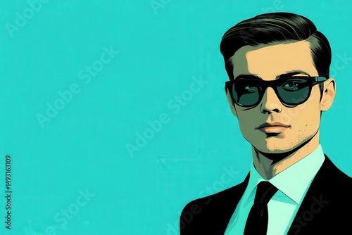 Stylish man in sunglasses on a vibrant teal background showcasing confidence and modern fashion with a professional suit and sleek hairstyle