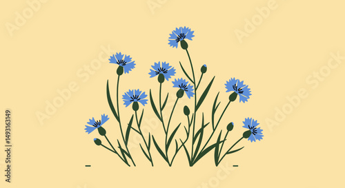 Pastel Blue Flowers On Light Yellow Background