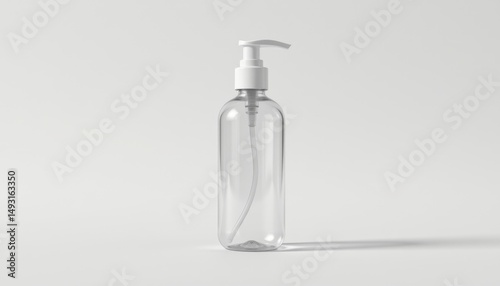 unlabeled clear plastic pump bottle, cosmetic type, empty, no brand, isolated on white background, centered, soft light, no shadows, clean and hyper realistic, 8k ultra sharp.