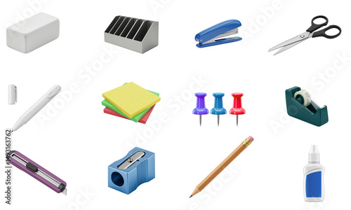 Lead pencil, Sharpener , Eraser, sticky notes, paperclip, stapler, push pin, tape dispenser, correction fluid, scissors, clip, stapler, pin, tape, eraser, Paper cutter, Gum stick , Chit notes. PNG
