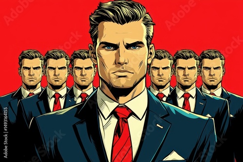 Stylish businessman in a suit with multiple identical reflections against a vivid red background showcasing confidence and leadership qualities
