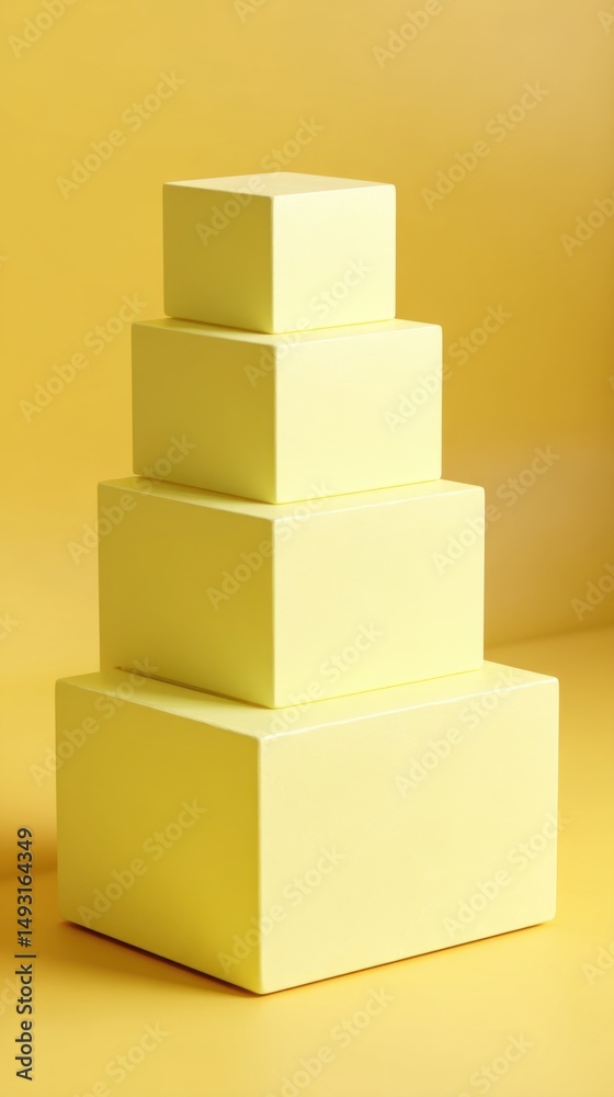 Fototapeta premium Minimalist studio shot of stacked yellow cubes on yellow backdrop, geometric composition, product display, conceptual art