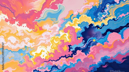 Vibrant abstract artwork featuring swirling clouds of pink blue and yellow