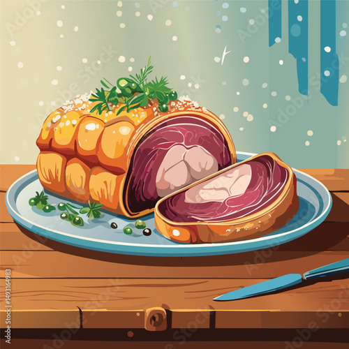 Perfectly cooked Beef Wellington sliced open, showing juicy medium-rare beef wrapped in golden puff pastry with mushroom duxelles, served on elegant plating with warm, natural lighting.