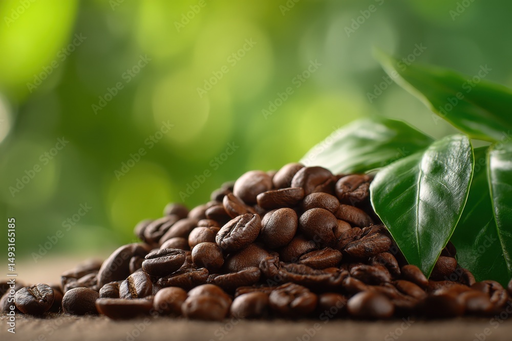 Obraz premium Pile of Roasted Coffee Beans With Green Leaves on Wooden Surface, Representing Morning Energy and Sustainable Agriculture : Generative AI