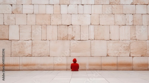 A Person in Red Clothing, Deep in Prayer, Contemplating Against a Traditional Stone Wall Background