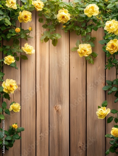 Yellow roses climbing over rustic wooden fence, close-up view, natural light, garden setting, summer bloom, floral background