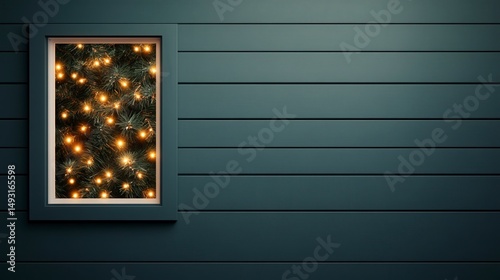 Cozy Snowy Evening Scene with Soft Glow of Lights Through Window Against Wooden Wall