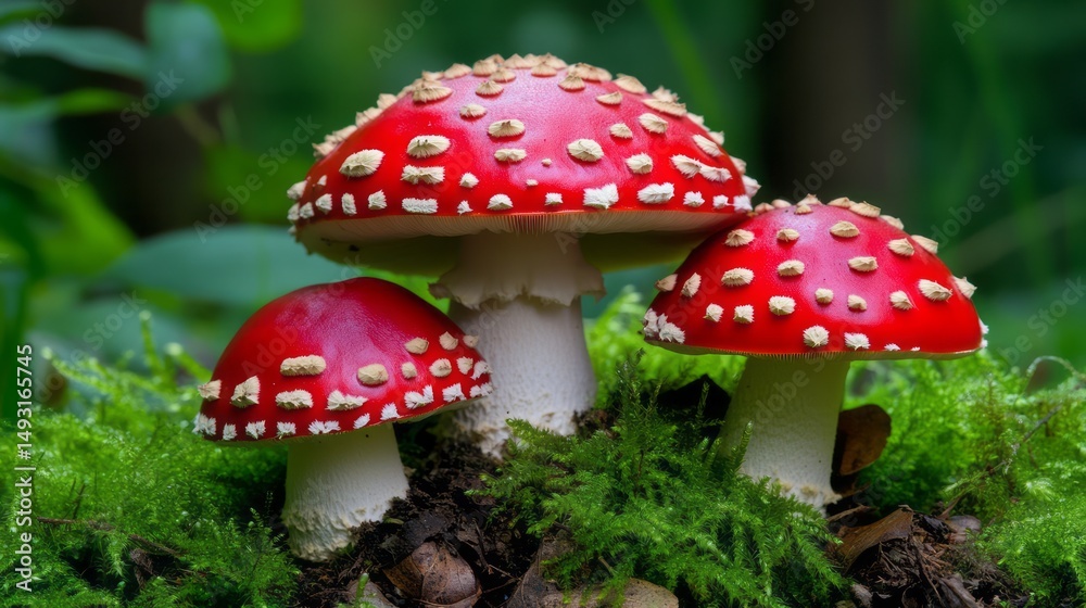 Vibrant Red Toadstool Mushrooms on Green Moss in a Lush Forest Setting Vibrant Red Toadstool Mushrooms on Green Moss in a Lush Forest Setting