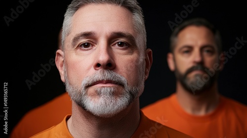 Series of Portraits Featuring Diverse Expressions of Individuals in Vibrant Orange Outfits Against a Dark Background