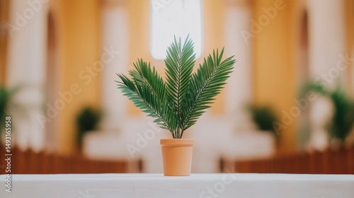 Serene Church Interior with Palm Branches Adorning a Table in Soft Golden Light