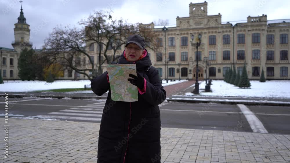 Elderly woman shows the way looking at a city map. A grandmother talks and walks on the street. Winter coat. Snow outside.