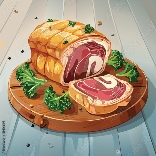 Perfectly cooked Beef Wellington sliced open, showing juicy medium-rare beef wrapped in golden puff pastry with mushroom duxelles, served on elegant plating with warm, natural lighting.