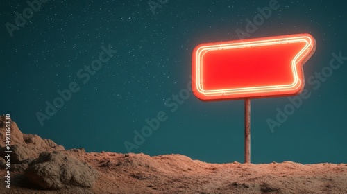Neon Roadside Sign Under Starry Sky with Rocks at Nighttime in a Desert Landscape