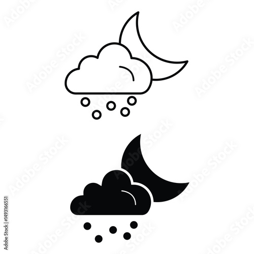  Night rain weather forecast icon vector illustration with moon cloud and raindrops in outline and solid filled minimal style.