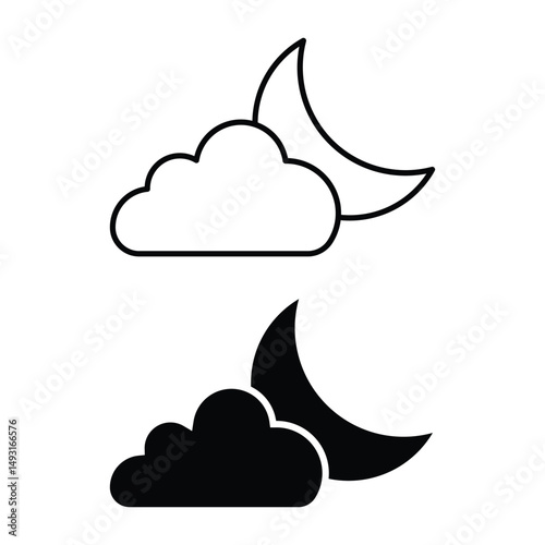 Cloudy night weather forecast icon vector illustration with moon partially covered by cloud in flat outline and filled minimal style.