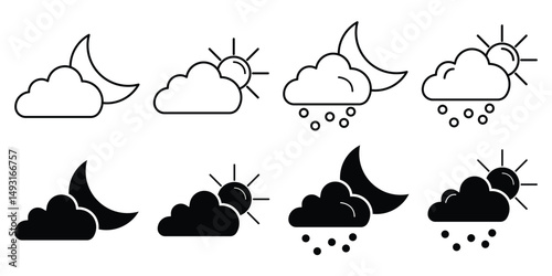 Weather icon set with cloudy moon sunny forecast climate symbol condition night day snow vector illustration for meteorology graphics.