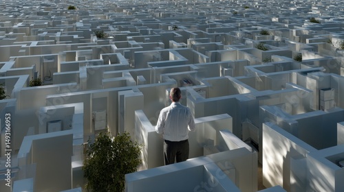 Aerial view of white buildings, minimalist architecture, blue sky backdrop, perfect for showcasing urban development themes.