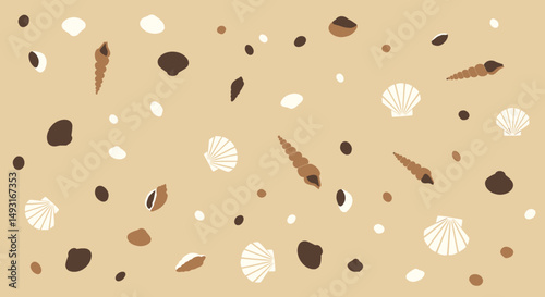 Beige Background With Scattered Shells And Leaves