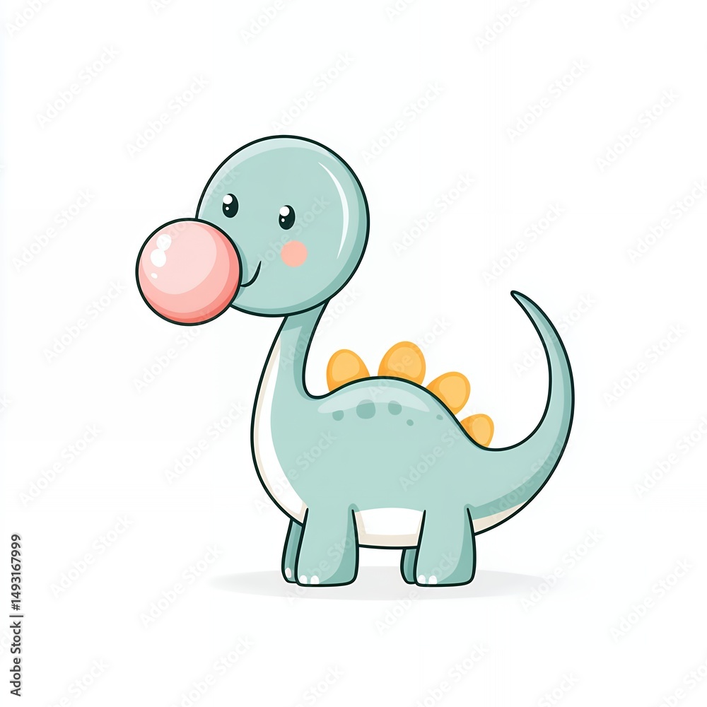 Fototapeta premium Adorable Cartoon Dinosaur Blowing a Pink Bubble Gum Bubble on White Background