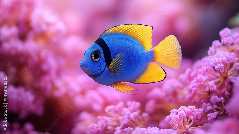 Naklejka premium Blue tang fish with bright yellow fins glides peacefully on soft light purple background.