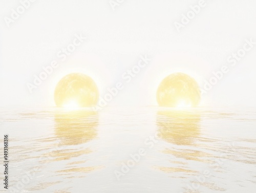 Two suns rising over a calm ocean surface creating a bright golden glow in a surreal and serene seascape