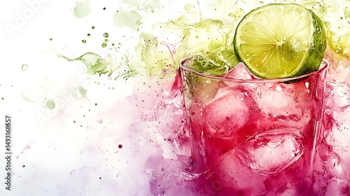 Artistic watercolor of cosmopolitan, extreme close-up of lime twist and pink surface, glowing tones, minimalistic white backdrop, delicate shadows, light ink accents, hd quality, natural look.