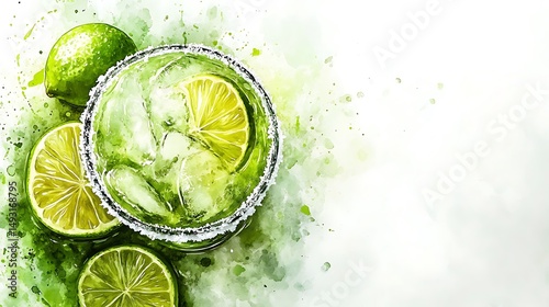 Artistic watercolor of margarita, extreme close-up of salted rim and lime slice, frosty surface, glowing pale green tones, minimalistic white backdrop, delicate shadows, light ink accents, hd quality,