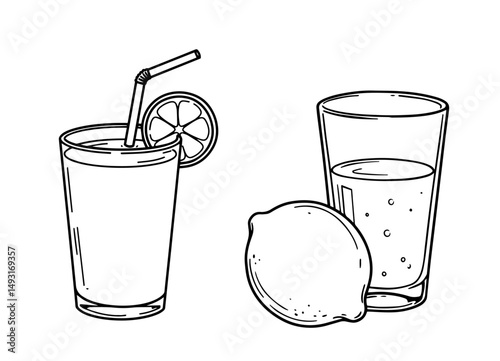 lemonade and glass drink black sketch vector design