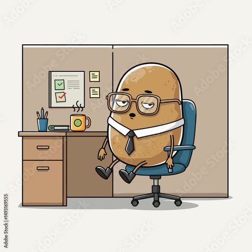 Bored Potato Office Worker in Cubicle Cartoon Illustration