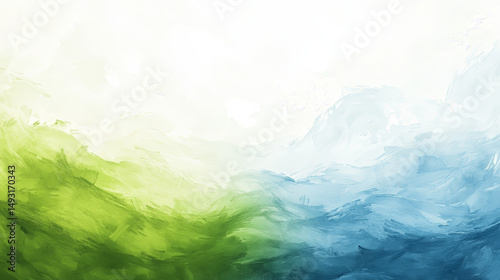 Abstract landscape painting with soft, blended colors of green and blue.  Misty, mountain-like forms transition smoothly
