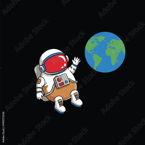 Cartoon Astronaut Waves at Earth in Outer Space