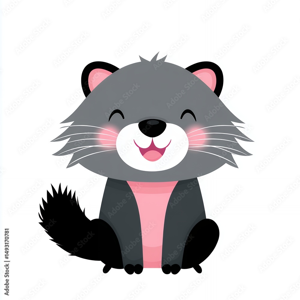 Naklejka premium Happy Grey Cartoon Cat with Pink Cheeks Sitting on White Background