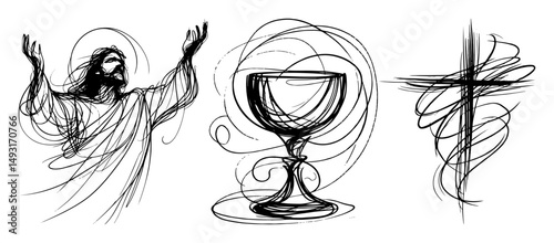 jesus goblet and cross sketch silhouette engraving vector