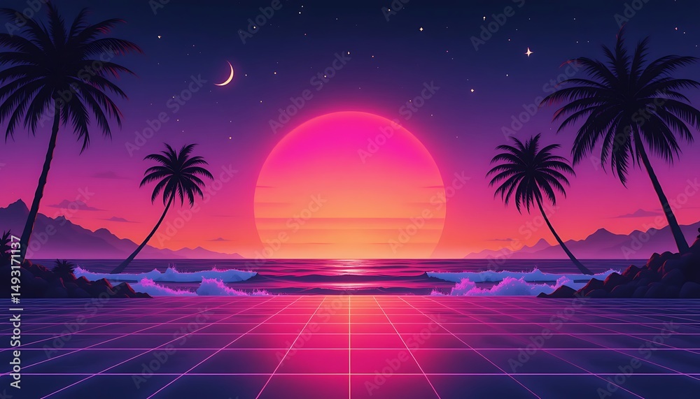 Fototapeta premium Retro Sunset Paradise: Palm Trees, Ocean Waves, and a Synthwave Vibe