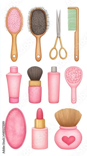 Watercolor Beauty Products and Hair Care Tools Illustration