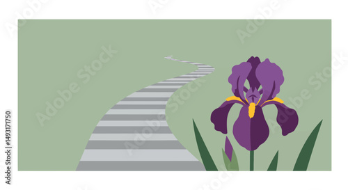 Purple Iris By A Winding Path In Pastel Colors