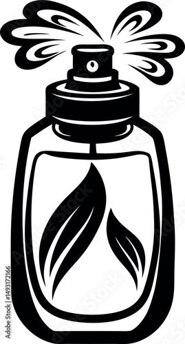 Elegant black and white botanical perfume bottle spraying scent in artistic silhouette vector silhouette Generative AI