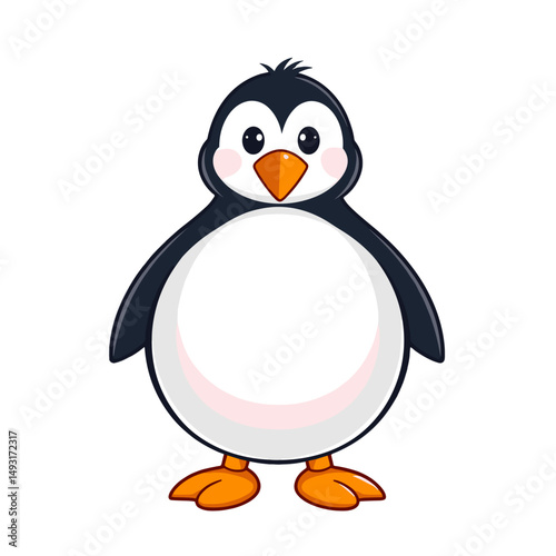 Cute cartoon penguin standing cheerfully on a white background, copy space