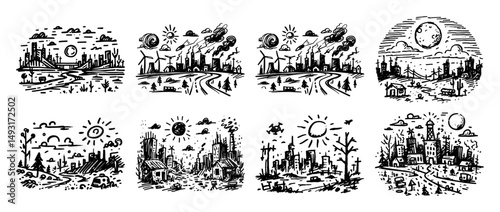 hand drawn fantasy town vector set with sun and moon in outline style