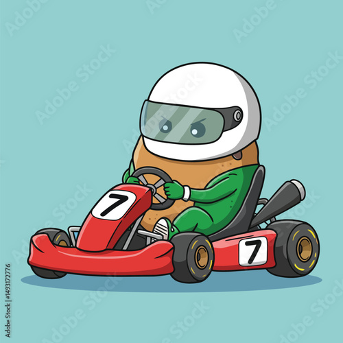 Cartoon Potato Racer Driving a GoKart with Number Seven