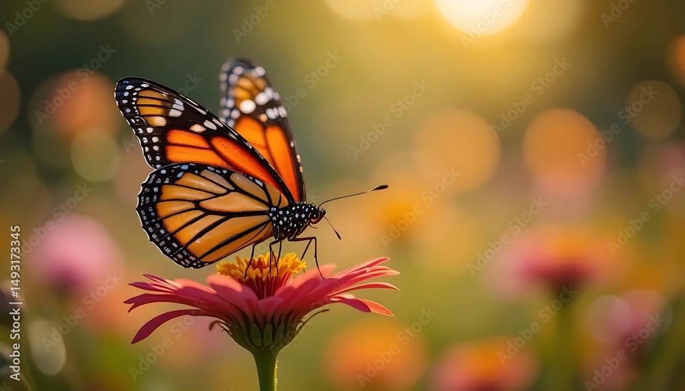 Fototapeta premium Monarch butterfly on pink flower sunset